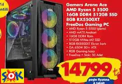 GAMERS ARENA ACE AMD RYZEN 5 5500 16GB DDR4 512GB SSD 8GB RX5500XT FREEDOS GAMİNG PC/OYUN BİLGİSAYARI